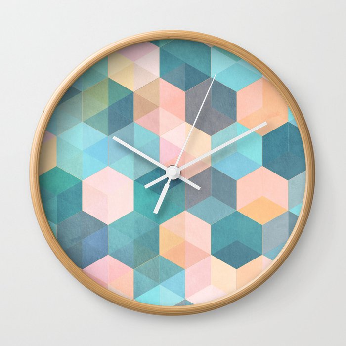 Child's Play 2 - hexagon pattern in soft blue, pink, peach & aqua Wall Clock
