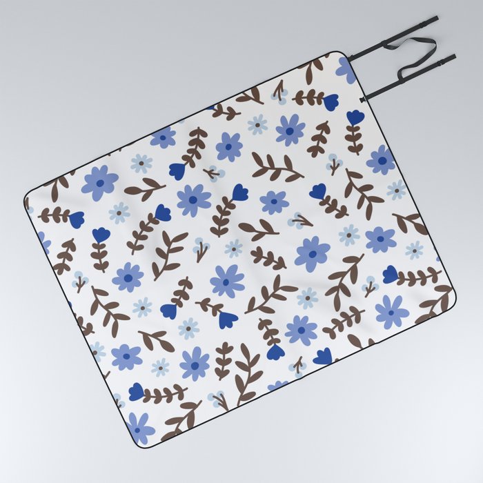 Blue Flower Pattern (blue/brown/white) Picnic Blanket