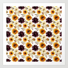 Summer burgundy orange ivory sunflower floral Art Print