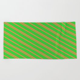 [ Thumbnail: Coral and Lime Green Colored Lined Pattern Beach Towel ]