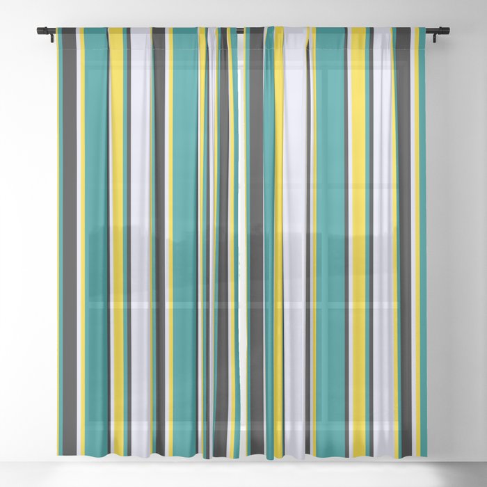 Teal, Yellow, Lavender & Black Colored Striped Pattern Sheer Curtain