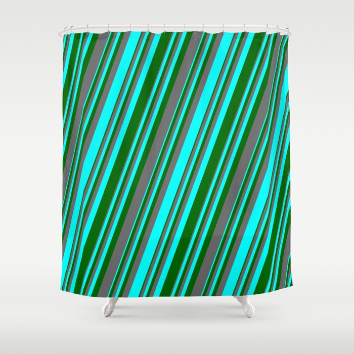 Aqua, Dark Green & Dim Grey Colored Lines/Stripes Pattern Shower Curtain