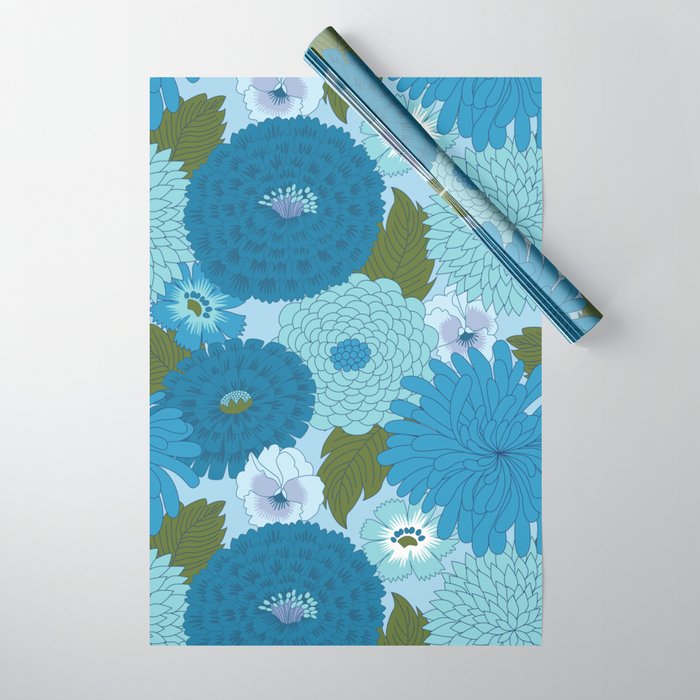 Retro Blue Floral Pattern Wrapping Paper