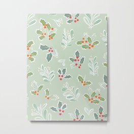 Holly and Mistletoe Pattern Nº1 Green Metal Print