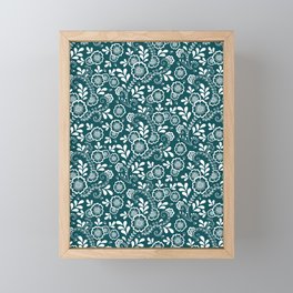 Teal Blue And White Eastern Floral Pattern Framed Mini Art Print