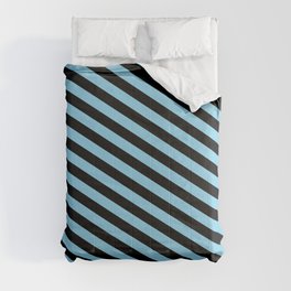[ Thumbnail: Black and Sky Blue Colored Lined Pattern Comforter ]