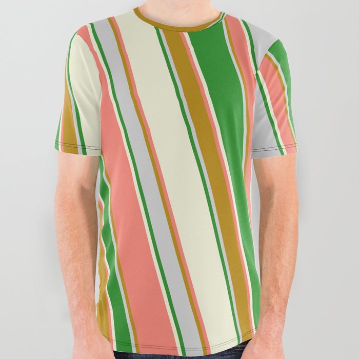 Salmon, Dark Goldenrod, Light Grey, Forest Green, and Beige Colored Striped/Lined Pattern All Over Graphic Tee