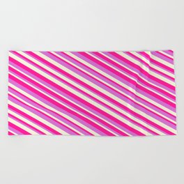 [ Thumbnail: Orchid, Beige & Deep Pink Colored Pattern of Stripes Beach Towel ]