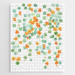 orange nasturtium flowers and leaves watercolor Jigsaw Puzzle