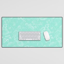 Mint Blue and White Toys Outline Pattern Desk Mat