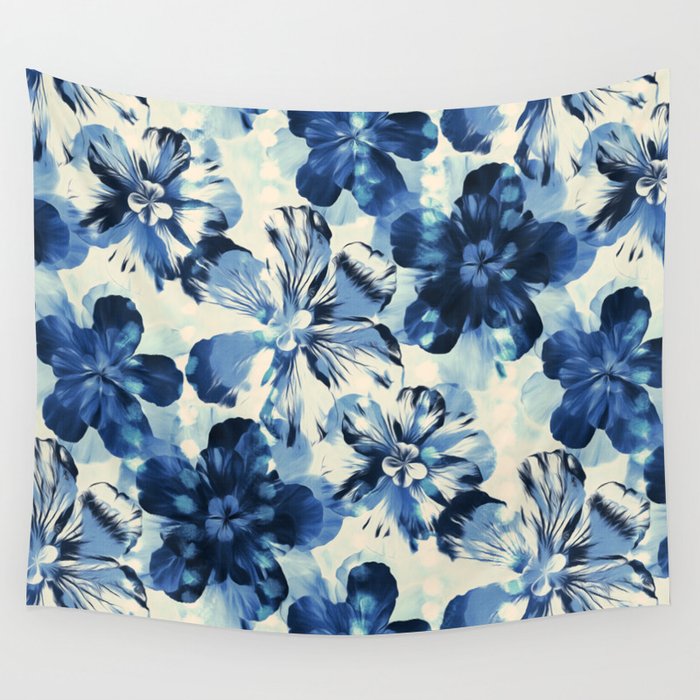 Shibori Inspired Oversized Indigo Floral Wall Tapestry