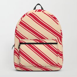 [ Thumbnail: Bisque & Crimson Colored Pattern of Stripes Backpack ]