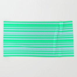 [ Thumbnail: Green & Light Blue Colored Striped Pattern Beach Towel ]