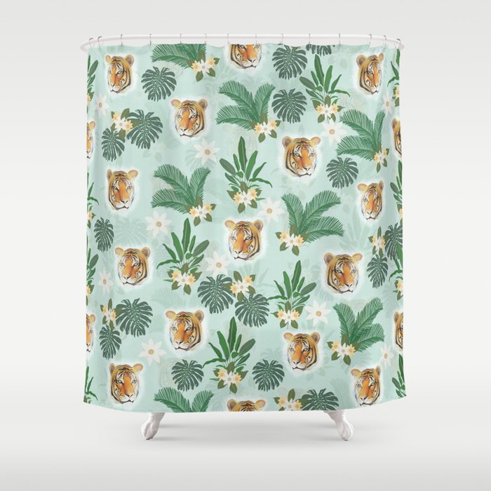 Tropical Plant Foliage and Tiger Head Pattern Shower Curtain