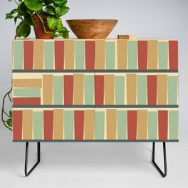 bookshelf (light and dark green, golden and reddish brown, cream) Credenza