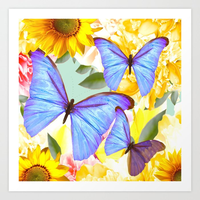 Bright Blue Butterflies Yellow Flowers #decor #society6 #buyart Art Print