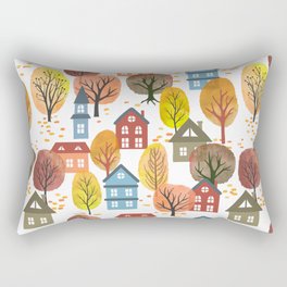 Seamless vintage autumn city pattern with watercolor trees and houses. Autumn landscape.  Rectangular Pillow