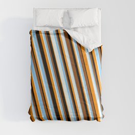[ Thumbnail: Vibrant Brown, Light Sky Blue, Mint Cream, Dark Orange & Black Colored Stripes/Lines Pattern Comforter ]