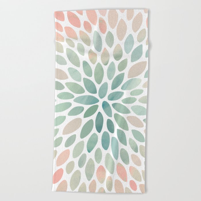 Floral Bloom, Abstract Watercolor, Coral, Peach, Green, Floral Prints Beach Towel