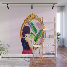 Soul Mirror, Instrospection Mindful Mood Illustration, Tropical Banana Leaves Woman Portrait Gold Wall Mural