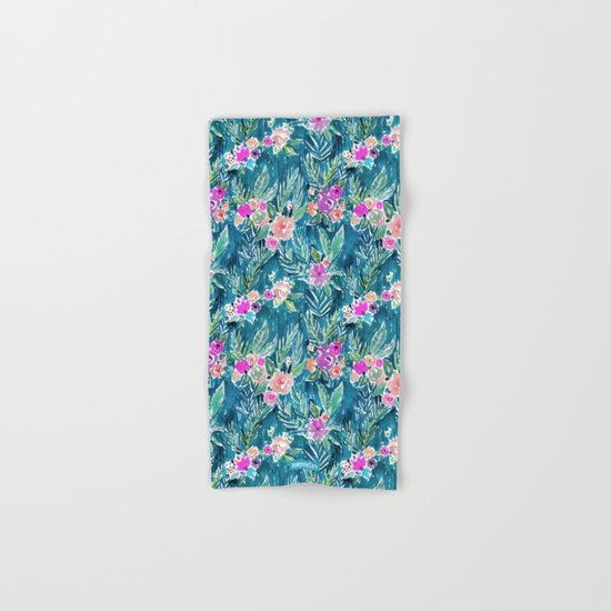 NAVY PARADISE FLORAL Tropical Hibiscus Palm Pattern Hand & Bath Towel