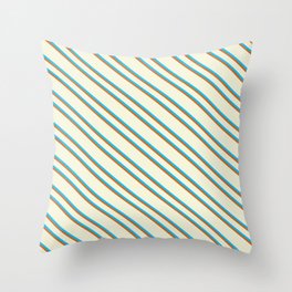 [ Thumbnail: Beige, Deep Sky Blue & Chocolate Colored Lines Pattern Throw Pillow ]