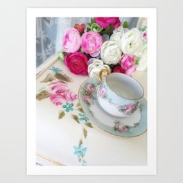Come for Tea Art Print | Teatime, Nippon, Drinking, Handpainted, Gold, Tea, Photo, Roses, Turquoise, Garden 