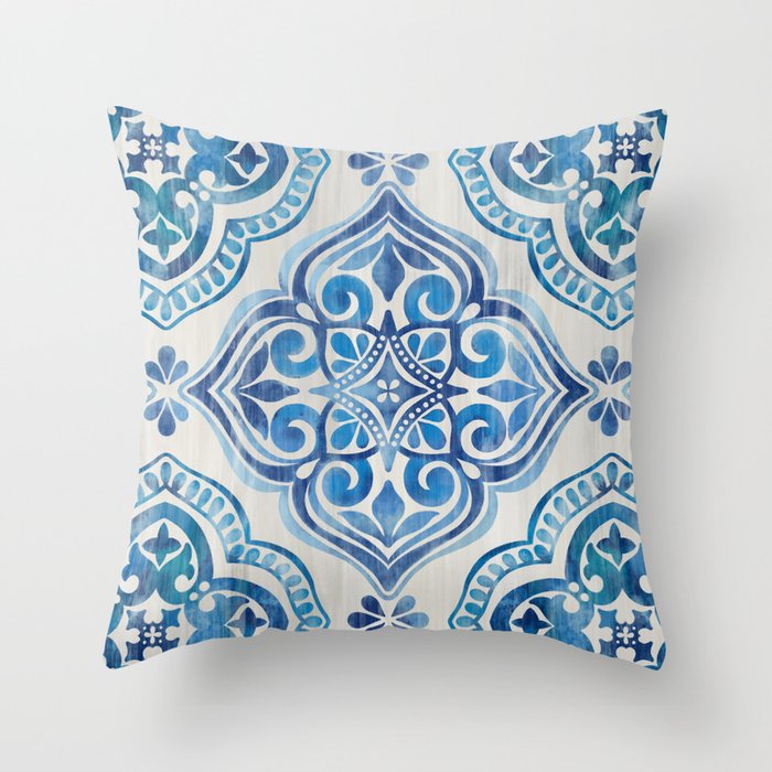 Blue Watercolor Tile Throw Pillow