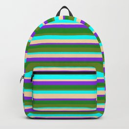 [ Thumbnail: Vibrant Tan, Purple, Forest Green, Green & Aqua Colored Striped/Lined Pattern Backpack ]