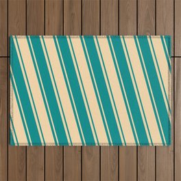 [ Thumbnail: Tan & Dark Cyan Colored Stripes/Lines Pattern Outdoor Rug ]