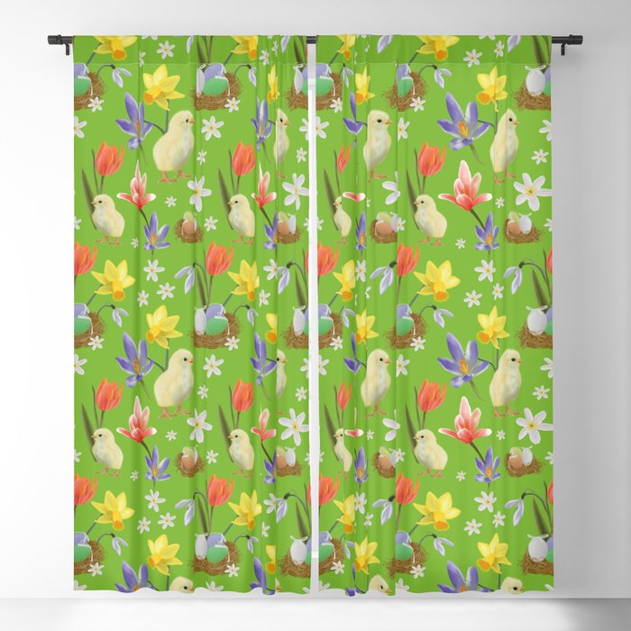 Colorful pattern with easter chicks, easter nests, tulips, daffodils, crocuses, wood anemones Blackout Curtain