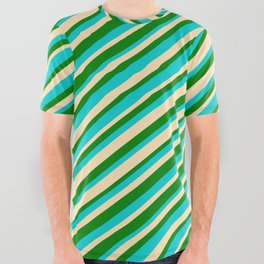 [ Thumbnail: Dark Turquoise, Beige, and Green Colored Striped/Lined Pattern All Over Graphic Tee ]
