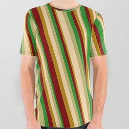 [ Thumbnail: Eye-catching Forest Green, Dark Khaki, Tan, Dark Goldenrod & Maroon Colored Stripes Pattern All Over Graphic Tee ]