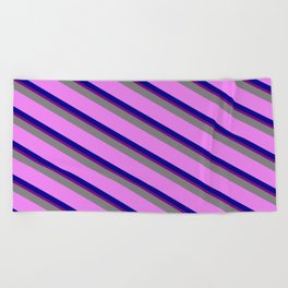 [ Thumbnail: Grey, Violet, Dark Blue & Purple Colored Lined Pattern Beach Towel ]