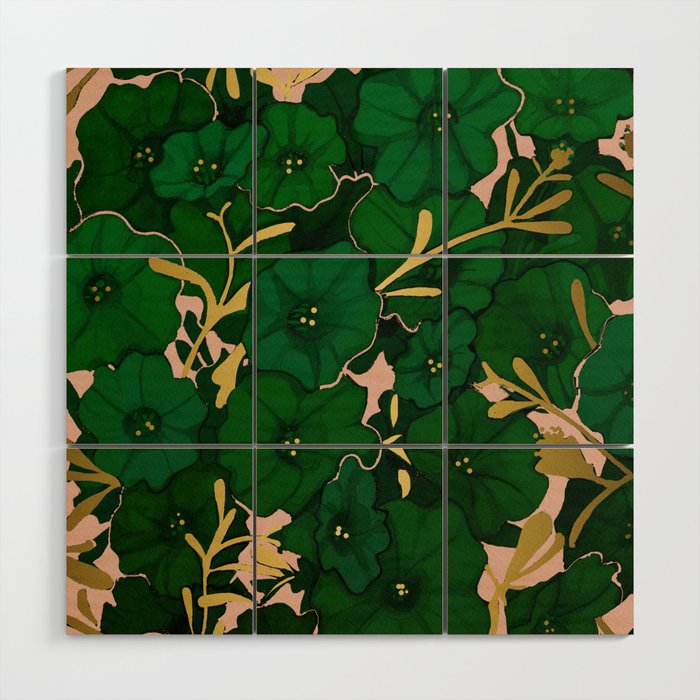 Green, Gold, and Pink, Floral Pattern Wood Wall Art