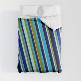 [ Thumbnail: Eyecatching Deep Sky Blue, Green, Turquoise, Dark Blue, and Black Colored Pattern of Stripes Comforter ]