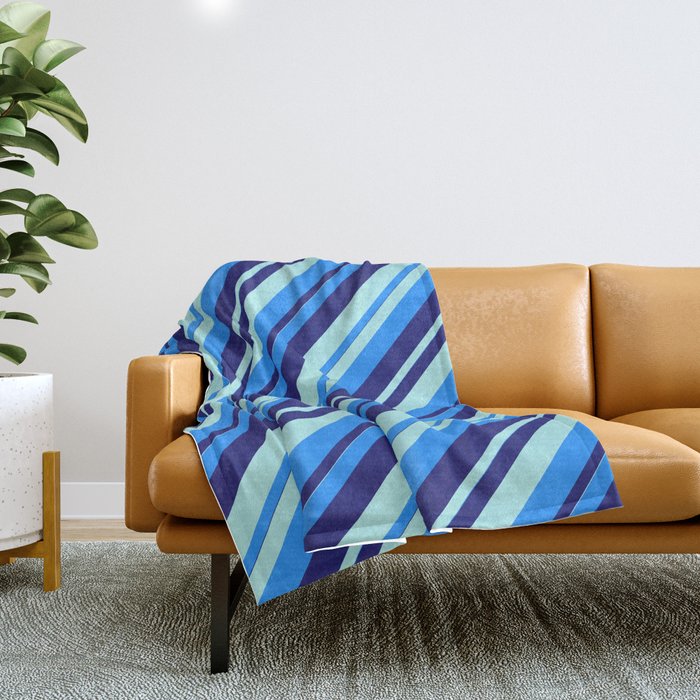 Blue, Midnight Blue, and Turquoise Colored Lined/Striped Pattern Throw Blanket