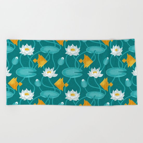 Tangram goldfish and water lillies Beach Towel