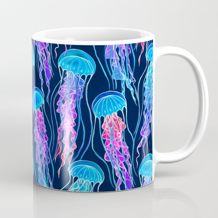 Luminescent Rainbow Jellyfish on Navy Blue Coffee Mug