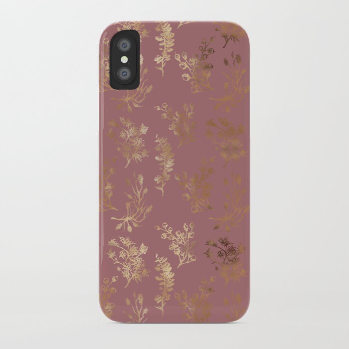 Mauve pink faux gold wildflowers illustration iPhone Case