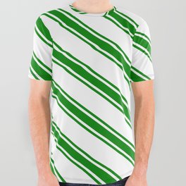 [ Thumbnail: White & Green Colored Striped/Lined Pattern All Over Graphic Tee ]