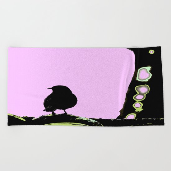 Spring mood - singing bird - black bird on a pink background Beach Towel