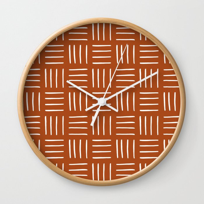 Minimalist Weave Grid Pattern (white/burnt orange) Wall Clock