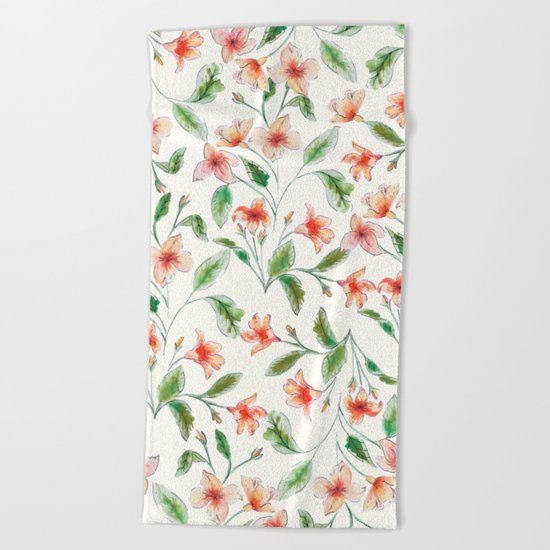 Orange Watercolor Botanical Pattern Beach Towel