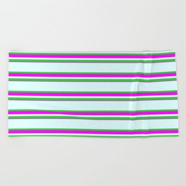 [ Thumbnail: Light Cyan, Lime Green & Fuchsia Colored Lines Pattern Beach Towel ]