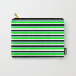 [ Thumbnail: Aquamarine, Lime, White, and Black Colored Lined/Striped Pattern Carry-All Pouch ]