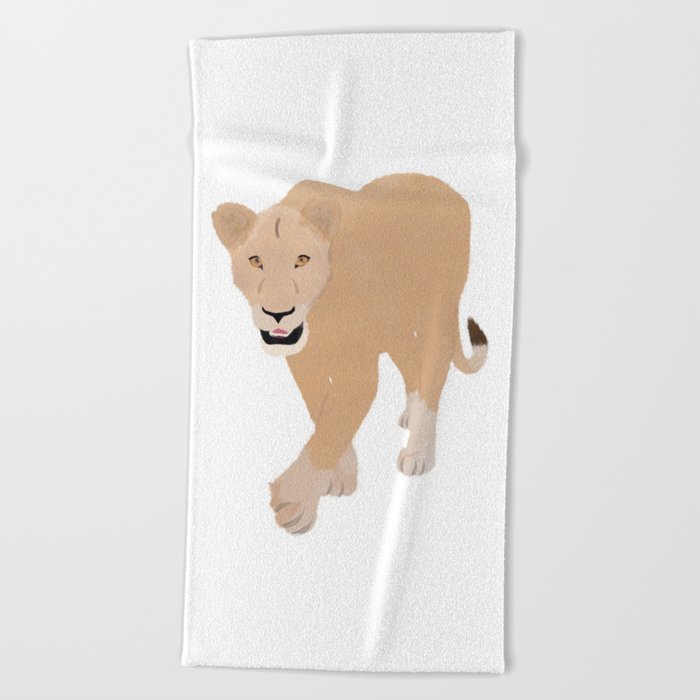 Watercolor Stalking Lioness with Mouth Open Beach Towel