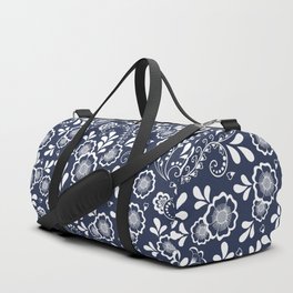 Navy Blue And White Eastern Floral Pattern Duffle Bag
