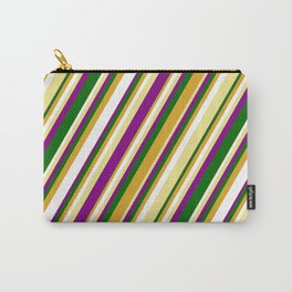 [ Thumbnail: Tan, Purple, Dark Green, Goldenrod, and White Colored Lined/Striped Pattern Carry-All Pouch ]