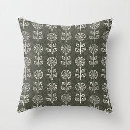 block print floral - dark olive Throw Pillow